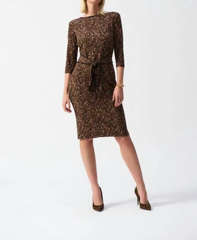 Joseph Ribkoff Animal Print Waist Tie Sheath Dress In Beige/black