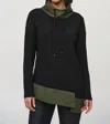 Joseph Ribkoff Asymmetrical Funnel Neck Long Sleeve Top In Black/iguana Green In Black