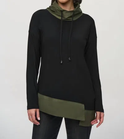 Joseph Ribkoff Asymmetrical Funnel Neck Long Sleeve Top In Black/iguana Green