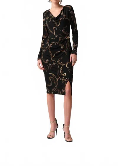 Joseph Ribkoff Baroque Foiled Silky Knit Sheath Dress With Ornament In Black Multi