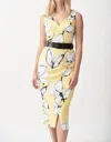 JOSEPH RIBKOFF BELTED SLEEVELESS FLORAL DRESS IN YELLOW/WHITE