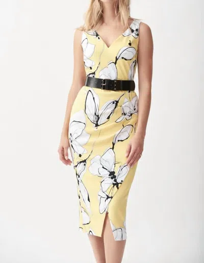 Joseph Ribkoff Belted Sleeveless Floral Dress In Yellow/white In Beige