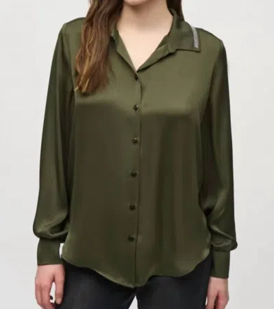 Joseph Ribkoff Satin Straight Fit Collared Blouse In Iguana In Green