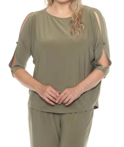 Joseph Ribkoff Boat Neck Quarter Slit Sleeve Top In Cactus In Green