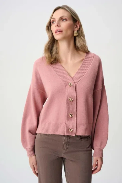 Joseph Ribkoff Ribbed-knit Button-up V-neck Cardigan In Pink