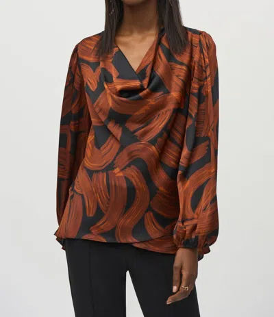 Joseph Ribkoff Brushstroke Print Cowl Neck Satin Top In Black/brown