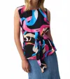 Joseph Ribkoff Brushstroke Print Waist Sash Sleeveless Top In Black/multi In Multi