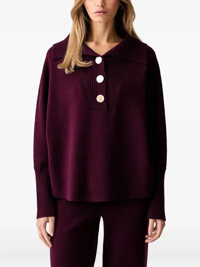 Joseph Ribkoff Button-embellished Ribbed-trim Shawl-neck Sweater In Purple