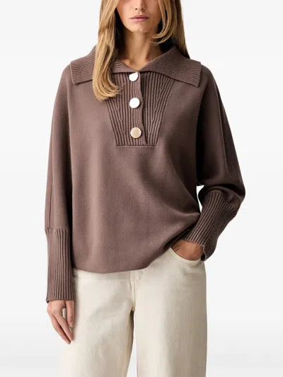 Joseph Ribkoff Button-up Ribbed-collar Sweater In Brown