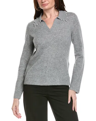 Joseph Ribkoff Pearl Collar Cashmere Sweater Top In Light Grey In Gray