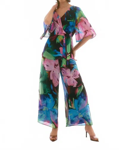 Joseph Ribkoff Chiffon Floral Print Peplum Top In Black Multi