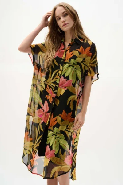 Joseph Ribkoff Chiffon Tropical Print Straight Blouse In Black