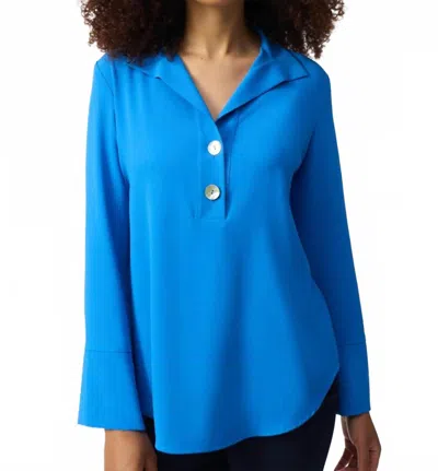 JOSEPH RIBKOFF COLLARED LONG SLEEVE GAUZE TOP IN COASTAL BLUE