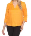 Joseph Ribkoff Collared V-neck Quarter Sleeve Linen Top In Apricot In Orange