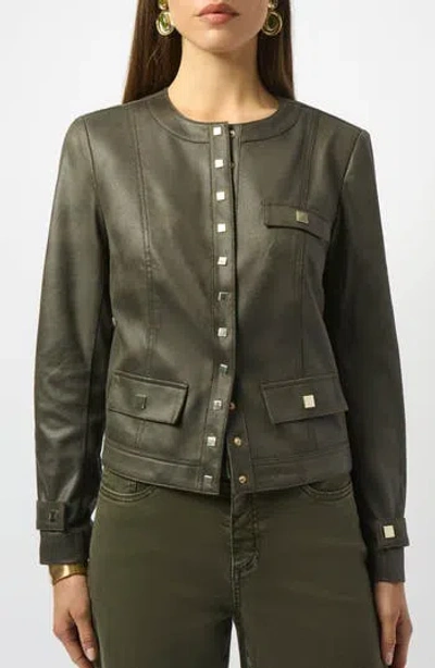 Joseph Ribkoff Collarless Foiled Faux Leather Jacket In Green