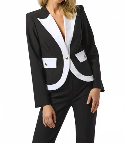 Joseph Ribkoff Contrast Trim V-neck Blazer Jacket In Black/off-white