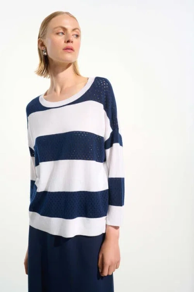 Joseph Ribkoff Cotton Blend Stripe Print Crewneck Sweater In Blue