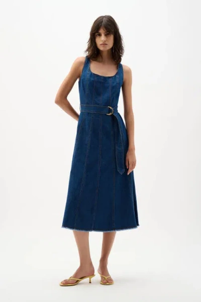 Joseph Ribkoff Denim Fit And Flare Midi Dress With Belt In Blue