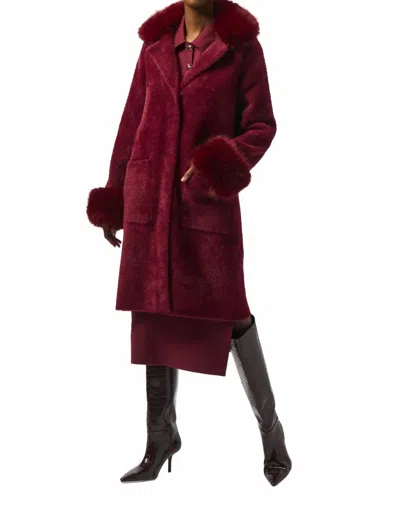 Joseph Ribkoff Detachable Faux Fur Trim Long Sleeve Coat In Merlot In Red