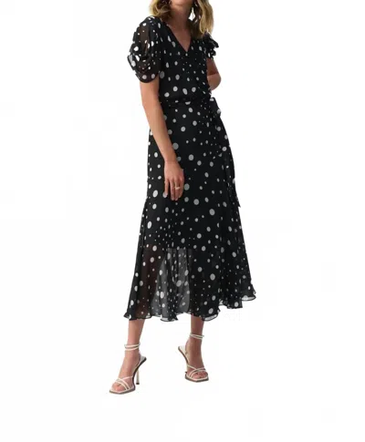 Joseph Ribkoff Dot Chiffon Belted Wrap Dress In Black/vanilla