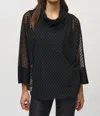 JOSEPH RIBKOFF DOT MESH SILKY KNIT LAYERED TUNIC TOP IN BLACK
