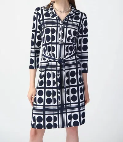 Joseph Ribkoff Dot Print Silky Knit Belted Shirt Dress In Vanilla/midblue In Blue