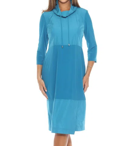 Joseph Ribkoff Drawstring Cowl Neck 3/4 Sleeve Shift Dress In Pacific Blue