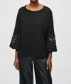 Joseph Ribkoff Embellished Boat Neck Cut-out 3/4 Sleeves Top In Black