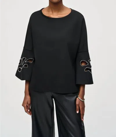 Joseph Ribkoff Embellished Boat Neck Cut-out 3/4 Sleeves Top In Black