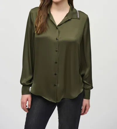 Joseph Ribkoff Embellished Button-down Satin Blouse In Black/iguana Green
