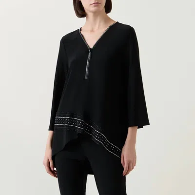 Joseph Ribkoff Embellished Chic Zipper V-neck Top In Black