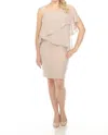 Joseph Ribkoff Embellished Chiffon Overlay One-shoulder Sheath Dress In Sand In Multi
