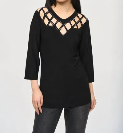 Joseph Ribkoff Embellished Cutout Yoke 3/4 Sleeve Top In Black