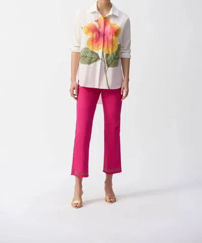 Joseph Ribkoff Embellished Fringe Cuff Cropped Jeans In Geranium In Pink
