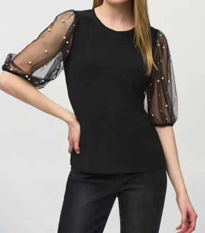 JOSEPH RIBKOFF EMBELLISHED MESH SLEEVES TOP IN BLACK