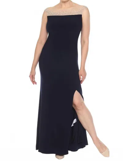 Joseph Ribkoff Embellished Mesh Yoke Evening Dress In Midnight Blue
