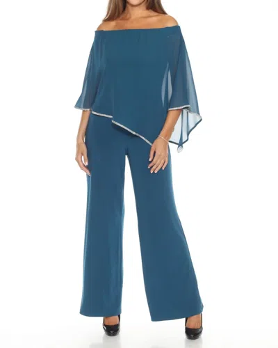 Joseph Ribkoff Embellished Off-shoulder Chiffon Overlay Jumpsuit In Twilight