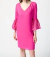 Joseph Ribkoff Georgette And Guipure Trapeze Dress In Ultra Pink In Orange
