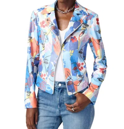 Joseph Ribkoff Face Graphic Faux Leather Jacket In Blue Multi