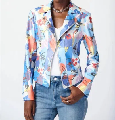 Joseph Ribkoff Face Print Faux Suede Lapel Collar Moto Long Sleeve Jacket In Multicolor