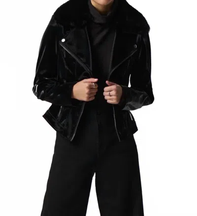 Joseph Ribkoff Faux Fur Collar Long Sleeve Faux Leather Moto Jacket In Black