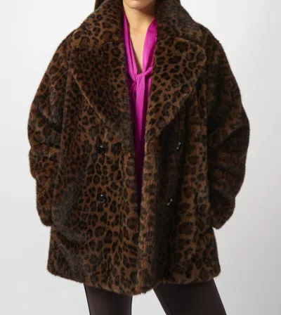 Joseph Ribkoff Faux Fur Leopard Print Double-breasted Coat In Beige/black In Brown
