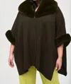 Joseph Ribkoff Faux Fur Trim Oversized Three Quarter Sleeve Cape In Khaki In Gray