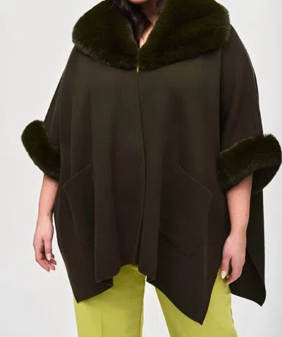 Joseph Ribkoff Faux Fur Trim Oversized Three Quarter Sleeve Cape In Khaki In Gray