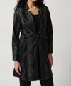 JOSEPH RIBKOFF FAUX LEATHER SNAKE PRINT A-LINE COAT IN BLACK