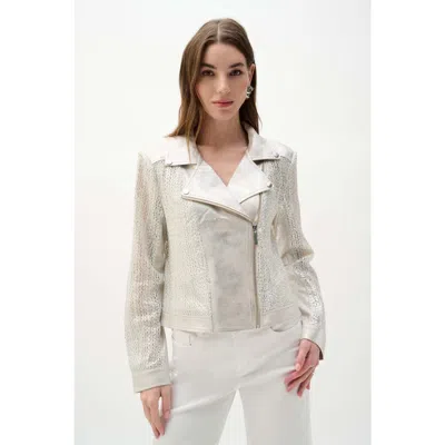 Joseph Ribkoff Faux Suede Foiled Knit Moto Jacket In White