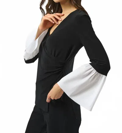 Joseph Ribkoff Faux Wrap 3/4 Bell Sleeves Tunic Top In Black/vanilla