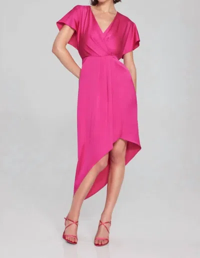 JOSEPH RIBKOFF FAUX WRAP HI-LOW ASYMMETRIC MIDI DRESS IN SHOCKING PINK