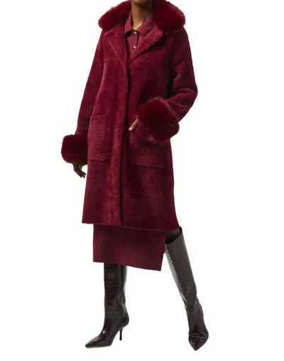 Joseph Ribkoff Feather Yarn And Faux Fur Sweater Coat In Merlot In Red