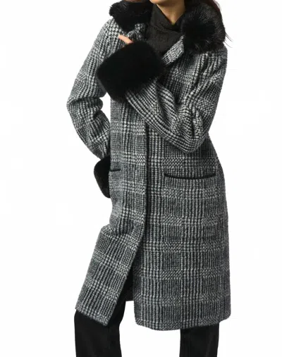 Joseph Ribkoff Feather Yarn Plaid Jacquard Coat With Faux Fur Trim In Black/white In Gray